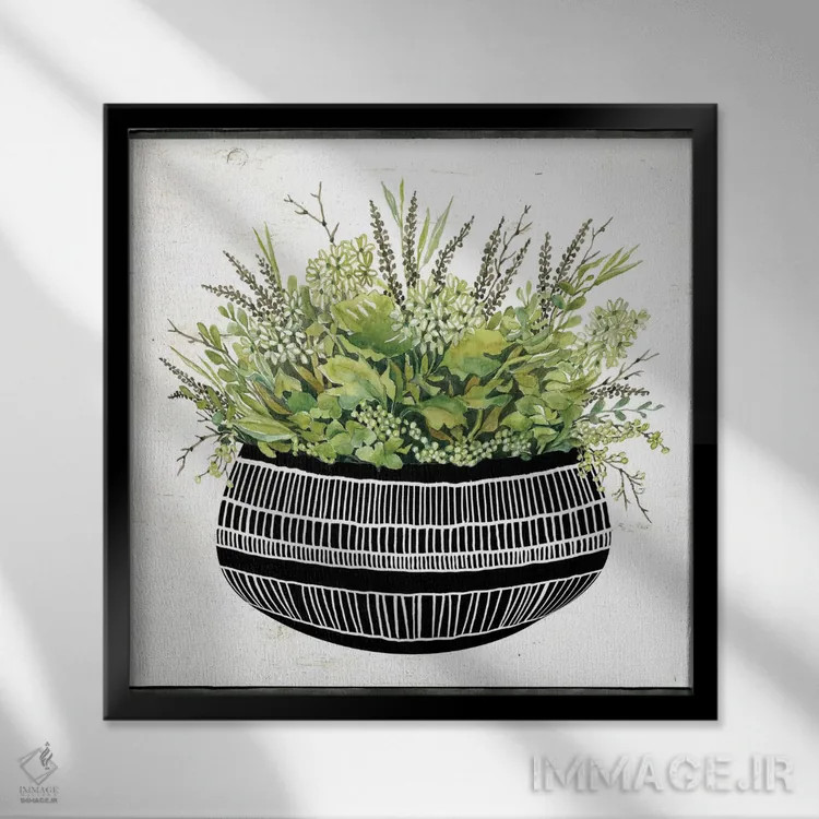 تابلو گلدان ساکولنت پارچه گلی سیاه و سفید III اثر سیندی جیکوبز - نمای قابدار مشکی