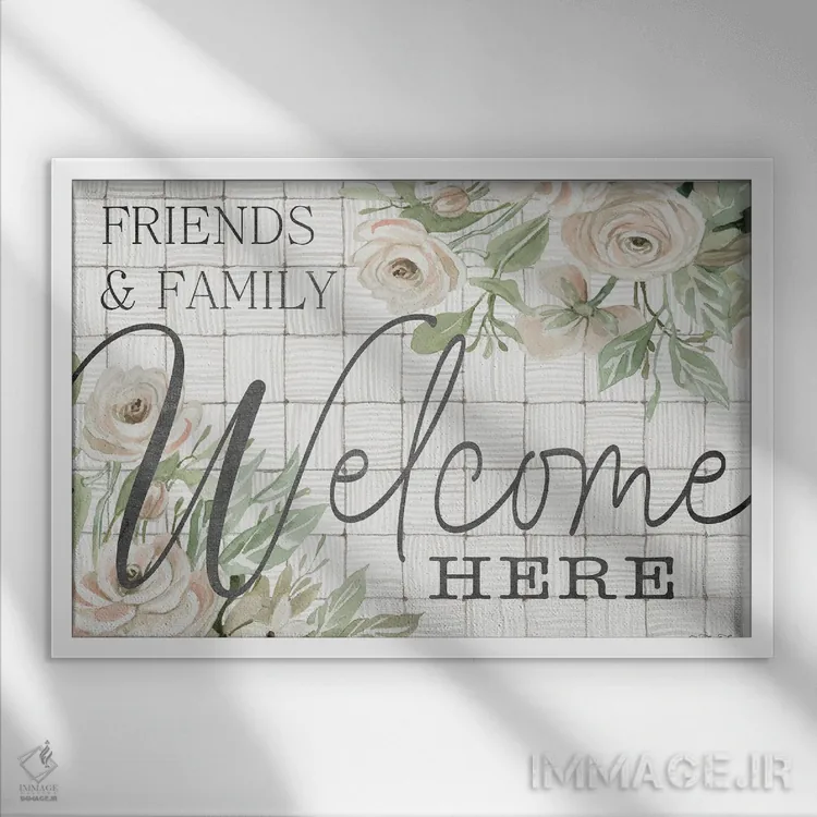 تابلو دوستان و خانواده اینجا خوش آمدید اثر سیندی جیکوبز - نمای قابدار سفید