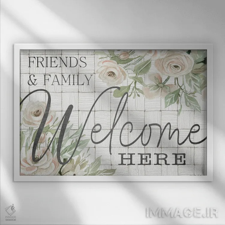 تابلو دوستان و خانواده اینجا خوش آمدید اثر سیندی جیکوبز - نمای قابدار سفید