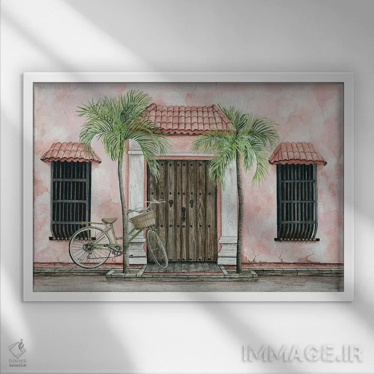 تابلو نخلها و دوچرخه اثر سیندی جیکوبز - نمای قابدار سفید