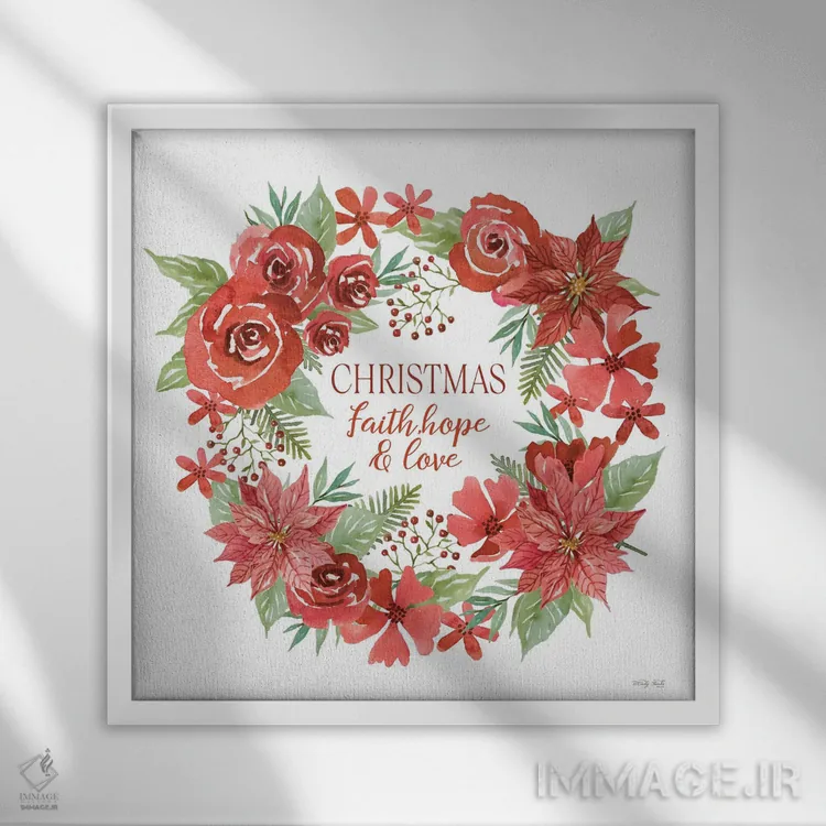 تابلو Hope & Love Wreath,حلقه گل ایمان، امید و عشق کریسمسی اثر سیندی جیکوبز - نمای قابدار سفید