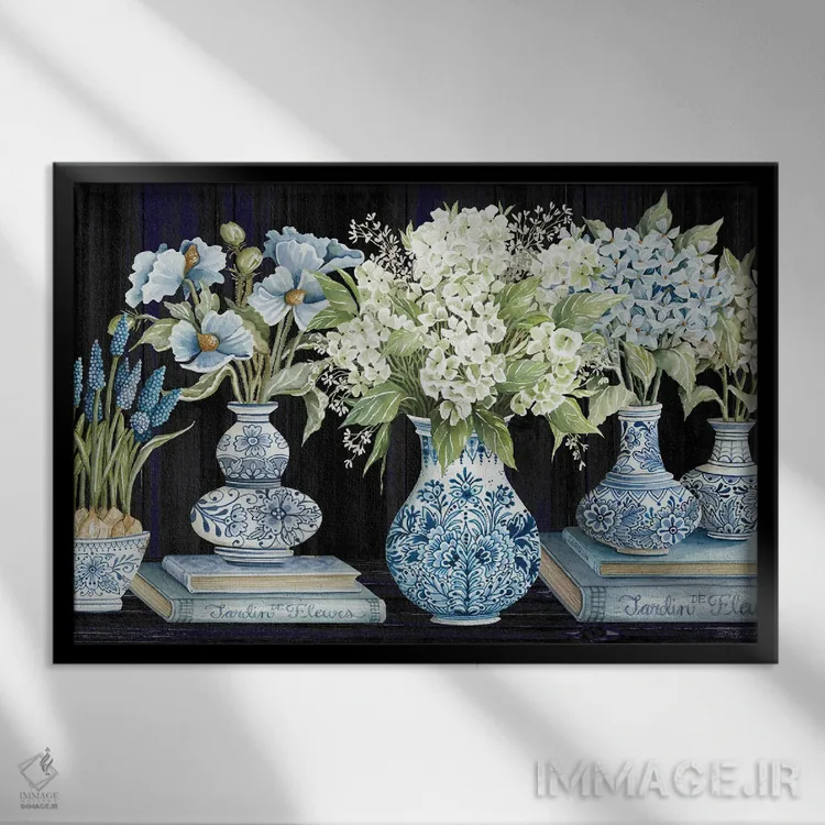 تابلو گلهای آبی دلفت شمارهٔ چهار اثر سیندی جیکوبز - نمای قابدار مشکی