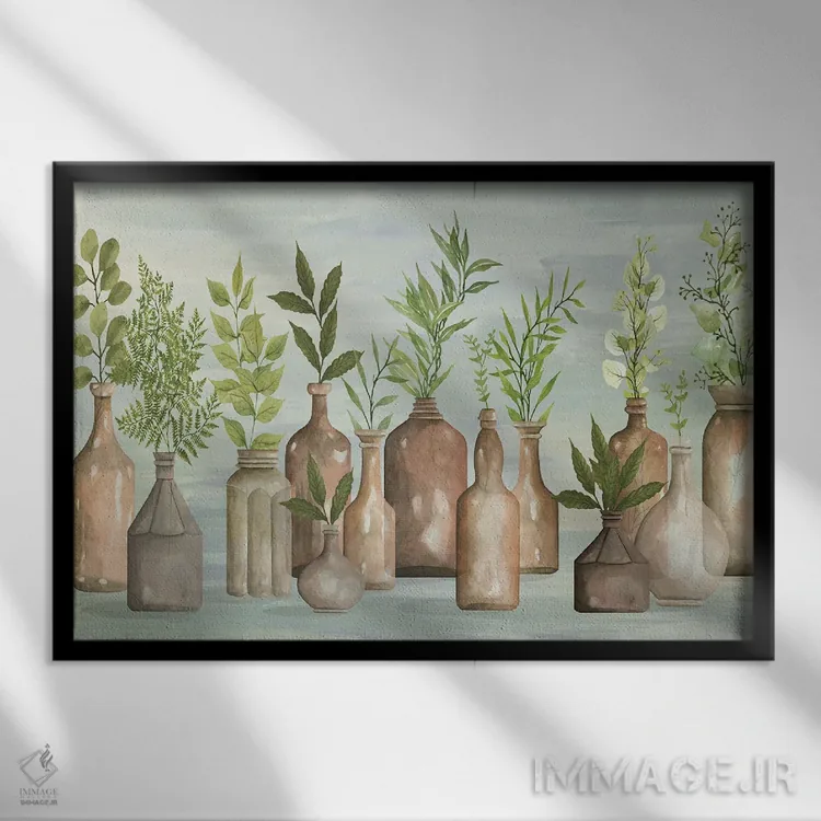 تابلو سبزینه در بطریها شمارهٔ سه اثر سیندی جیکوبز - نمای قابدار مشکی