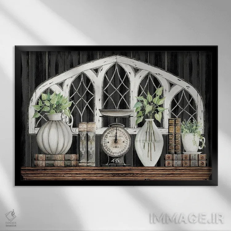 تابلو کتابها و ترازو عتیقه اثر سیندی جیکوبز - نمای قابدار مشکی