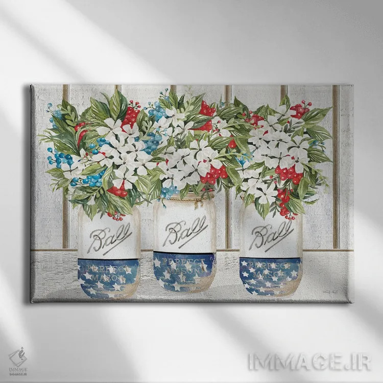 تابلو White And Blue Blooms,شکوفههای قرمز، سفید و آبی اثر سیندی جیکوبز - نمای روبهرو روی دیوار