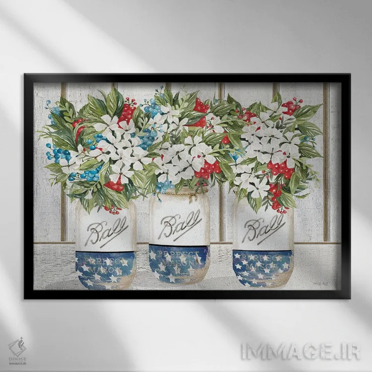 تابلو White And Blue Blooms,شکوفههای قرمز، سفید و آبی اثر سیندی جیکوبز - نمای قابدار مشکی