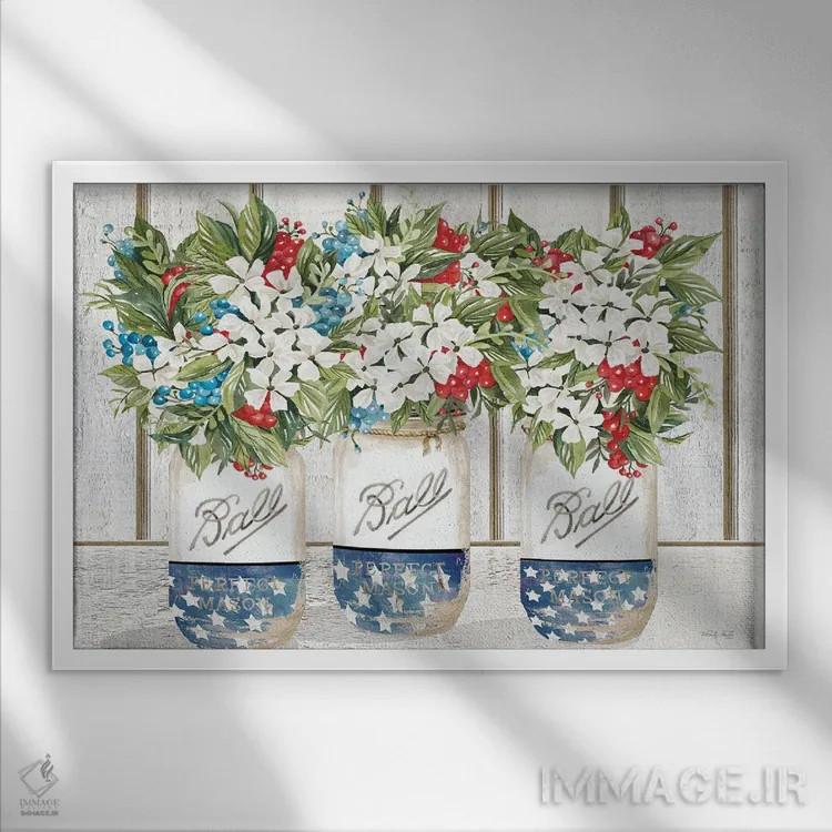 تابلو White And Blue Blooms,شکوفههای قرمز، سفید و آبی اثر سیندی جیکوبز - نمای قابدار سفید