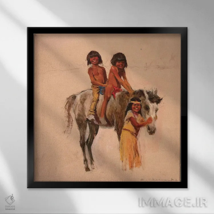تابلو کودکان سرخپوست آمریکایی با اسب کوچک اثر ارنست چیریاکا - نمای قابدار مشکی