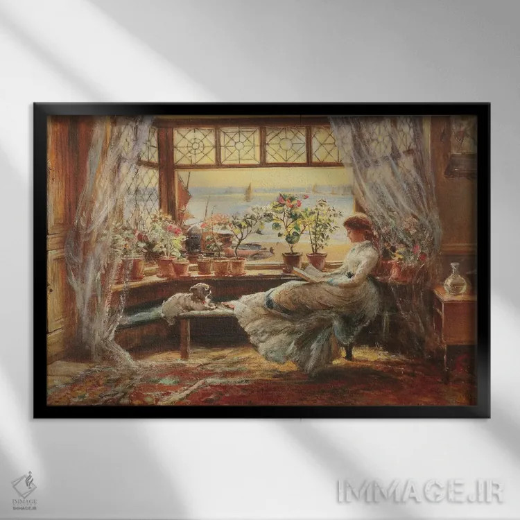 تابلو Hasti,مطالعه کنار پنجره، هستی اثر چارلز جیمز لوئیس - نمای قابدار مشکی