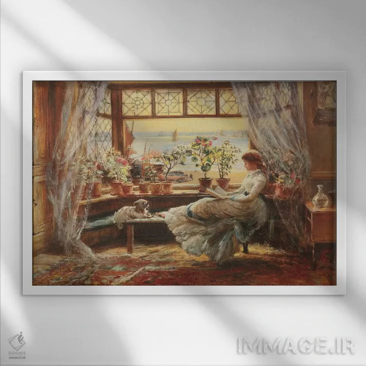تابلو Hasti,مطالعه کنار پنجره، هستی اثر چارلز جیمز لوئیس - نمای قابدار سفید