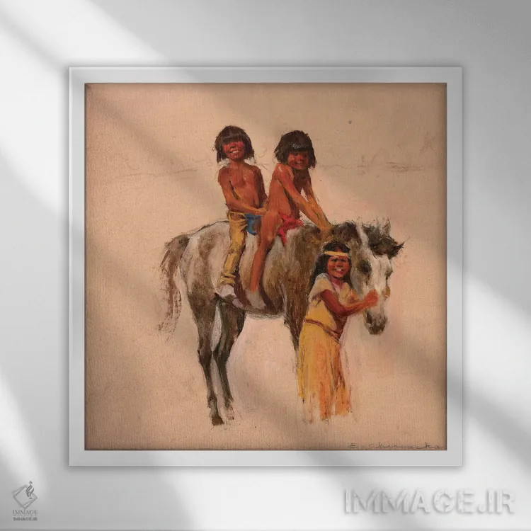 تابلو کودکان سرخپوست آمریکایی با اسب کوچک اثر ارنست چیریاکا - نمای قابدار سفید