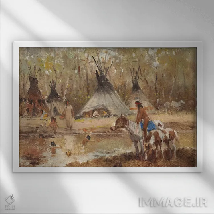 تابلو اردوگاه سو (قبیله سرخپوستان) اثر ارنست چیریاکا - نمای قابدار سفید