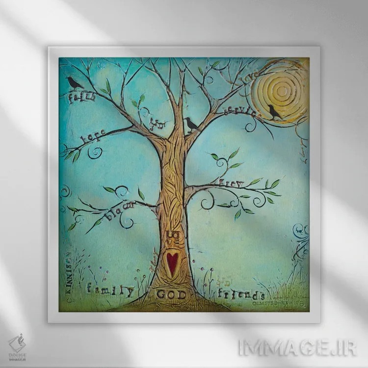 تابلو درخت ایمان، خانواده و دوستان اثر کارولین کینیسون - نمای قابدار سفید