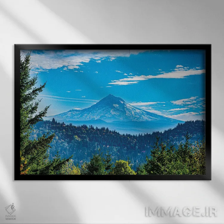 تابلو کوه هود با قاب درختان اثر کت کریگن - نمای قابدار مشکی