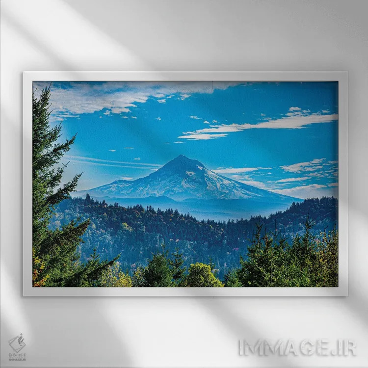 تابلو کوه هود با قاب درختان اثر کت کریگن - نمای قابدار سفید