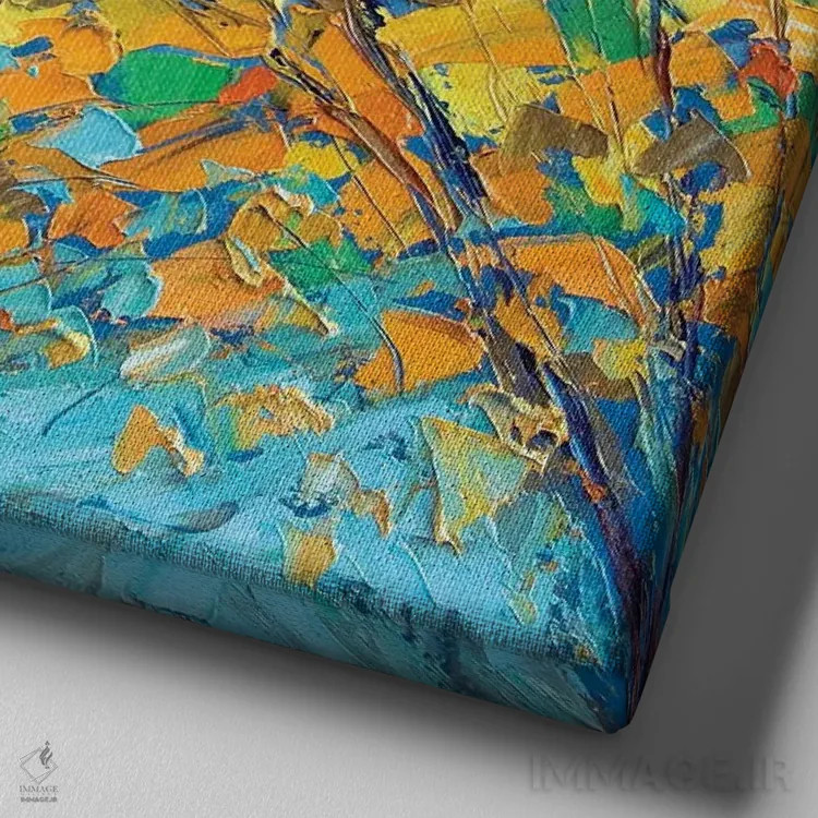 تابلو پاییز روی سبزآبی اثر آن مری کولیک - نمای نزدیک بافت بوم