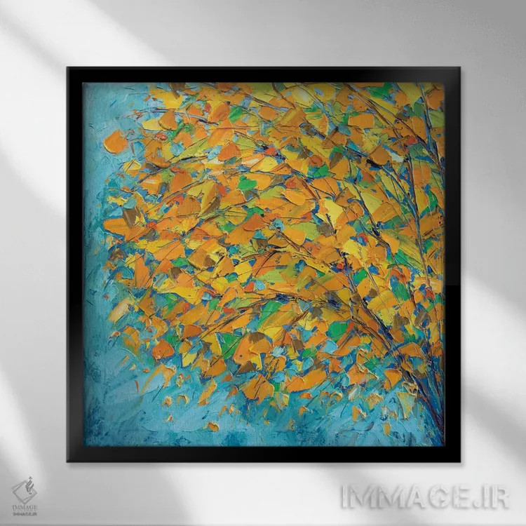 تابلو پاییز روی سبزآبی اثر آن مری کولیک - نمای قابدار مشکی