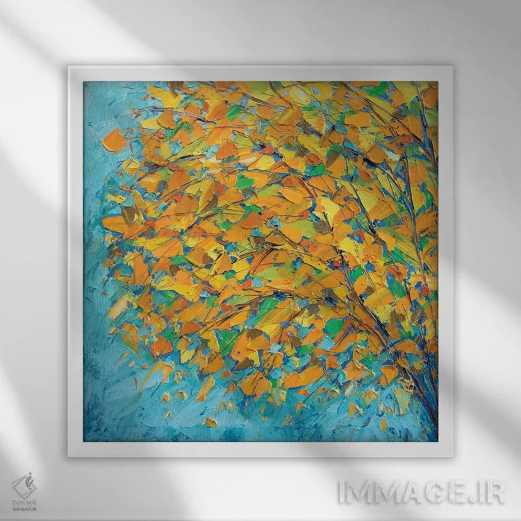 تابلو پاییز روی سبزآبی اثر آن مری کولیک - نمای قابدار سفید