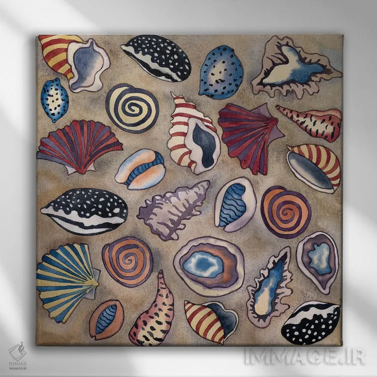 تابلو صدفهای دریایی - مربعی اثر کاریسا لومینس - نمای روبهرو روی دیوار