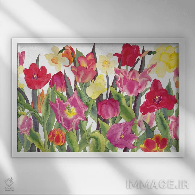 تابلو لالهها و نرگسها اثر کاریسا لومینس - نمای قابدار سفید