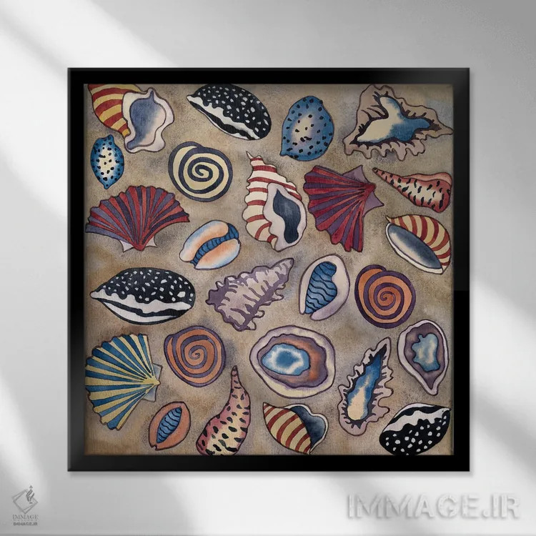 تابلو صدفهای دریایی - مربعی اثر کاریسا لومینس - نمای قابدار مشکی