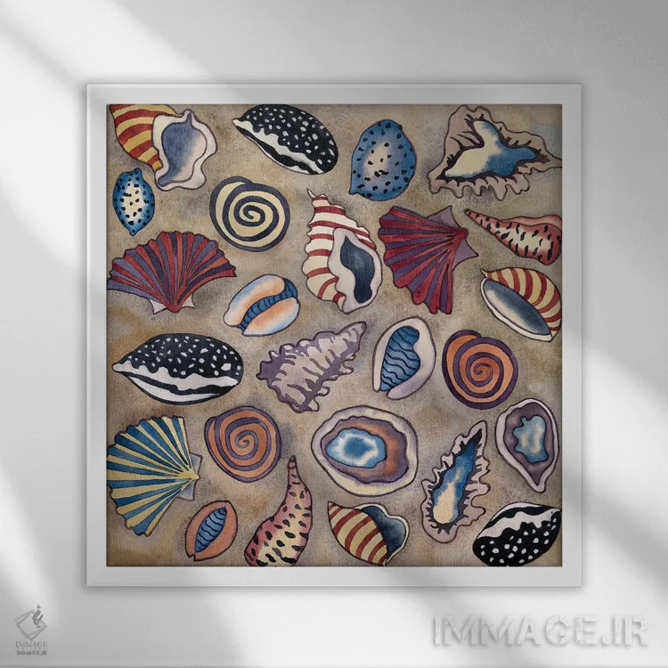 تابلو صدفهای دریایی - مربعی اثر کاریسا لومینس - نمای قابدار سفید