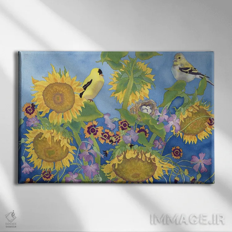 تابلو سهرههای طلایی با گلهای آفتابگردان اثر کاریسا لومینس - نمای روبهرو روی دیوار