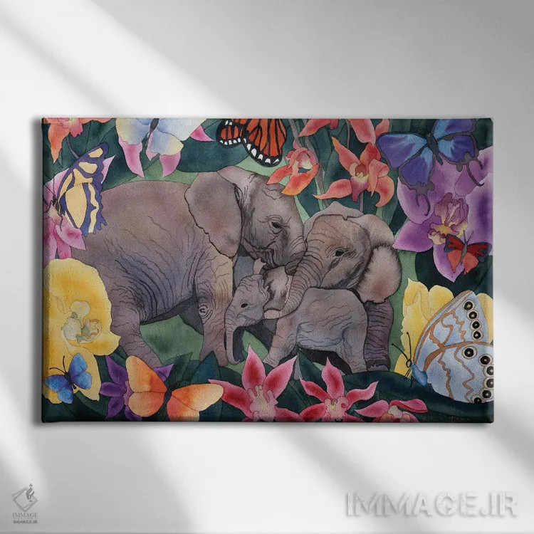 تابلو فیلها و پروانهها اثر کاریسا لومینس - نمای روبهرو روی دیوار