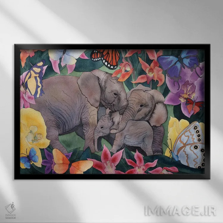 تابلو فیلها و پروانهها اثر کاریسا لومینس - نمای قابدار مشکی