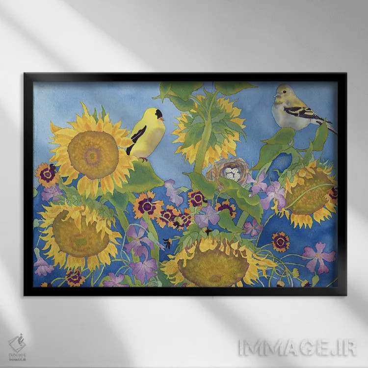تابلو سهرههای طلایی با گلهای آفتابگردان اثر کاریسا لومینس - نمای قابدار مشکی
