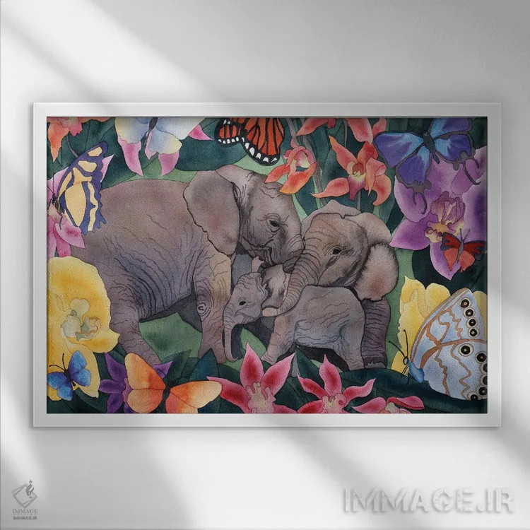 تابلو فیلها و پروانهها اثر کاریسا لومینس - نمای قابدار سفید