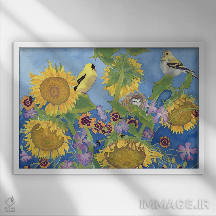 تابلو سهرههای طلایی با گلهای آفتابگردان اثر کاریسا لومینس - نمای قابدار سفید