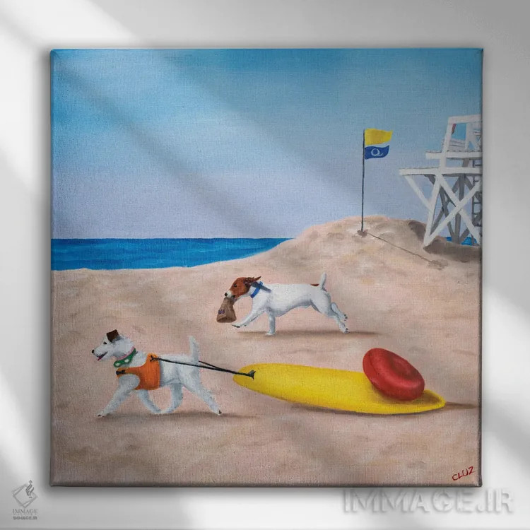تابلو سگها در ساحل اثر کارول لوز - نمای روبهرو روی دیوار