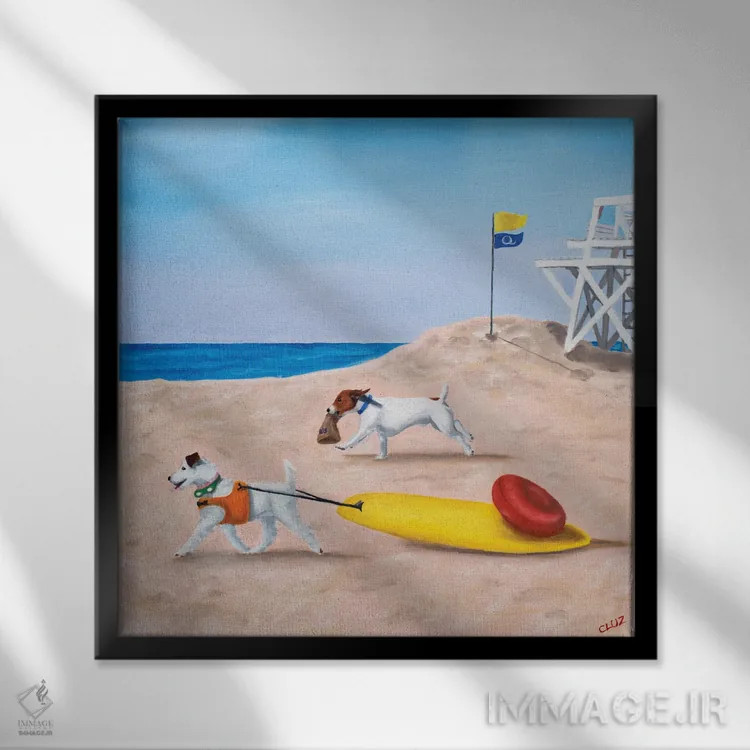 تابلو سگها در ساحل اثر کارول لوز - نمای قابدار مشکی