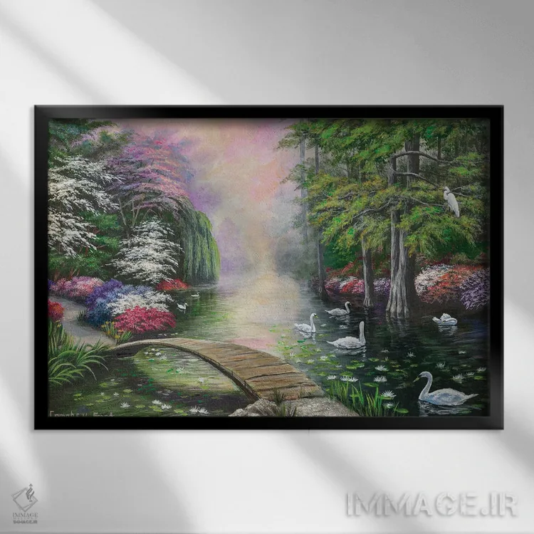 تابلو دریاچه قوها اثر کمبل فراست - نمای قابدار مشکی