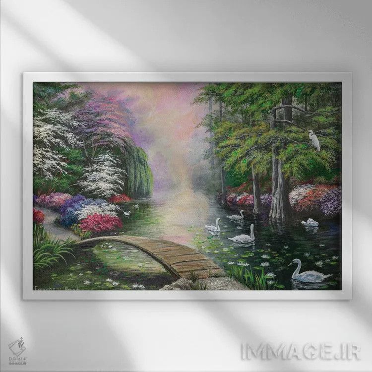 تابلو دریاچه قوها اثر کمبل فراست - نمای قابدار سفید