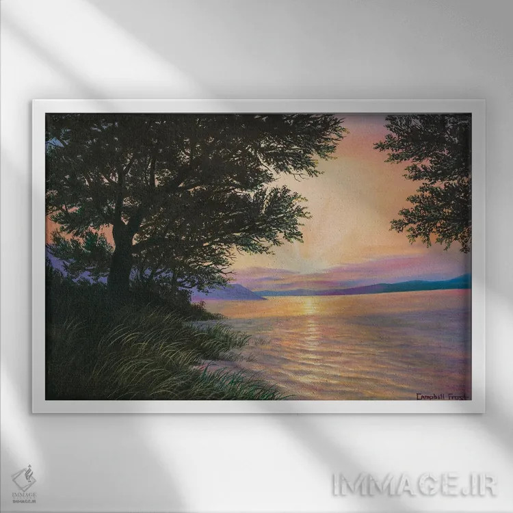 تابلو طلوع خورشید بر دریاچه نوریس اثر کمبل فراست - نمای قابدار سفید