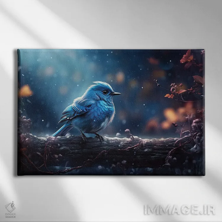 تابلو پرندهٔ آبی زمستانی اثر کلودیا مککینی - نمای روبهرو روی دیوار