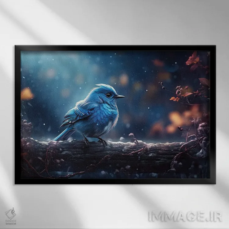 تابلو پرندهٔ آبی زمستانی اثر کلودیا مککینی - نمای قابدار مشکی