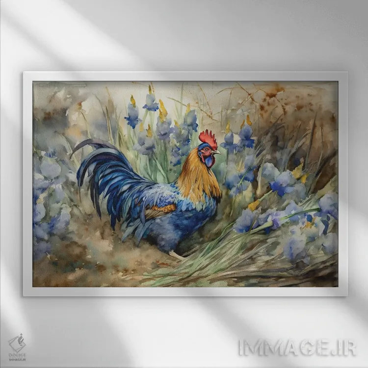 تابلو خروس با زنبقها اثر کلودیا مککینی - نمای قابدار سفید