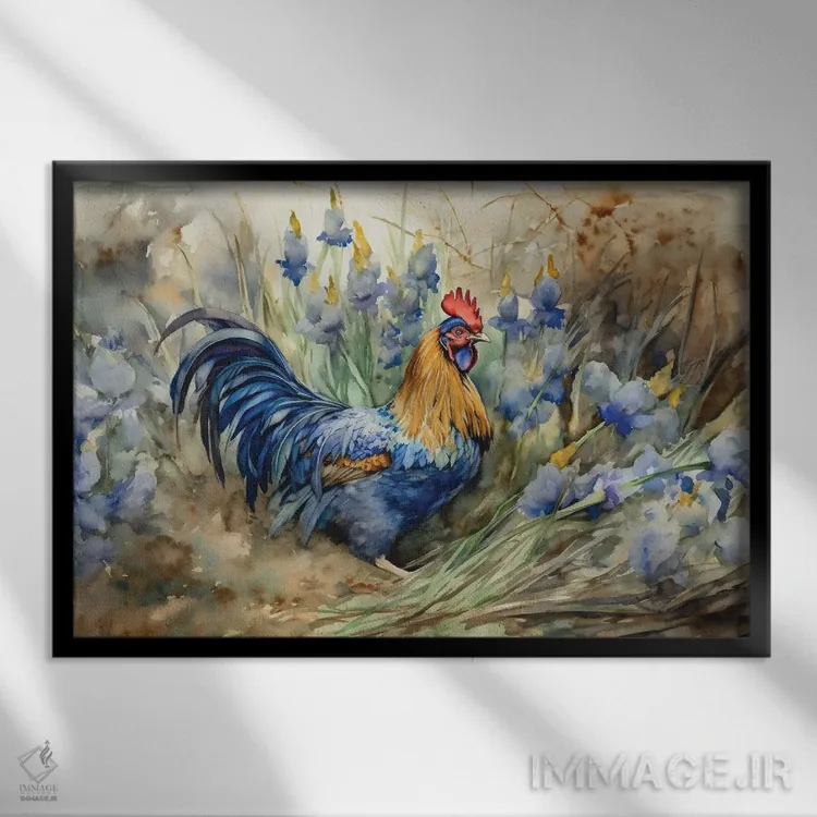 تابلو خروس با زنبقها اثر کلودیا مککینی - نمای قابدار مشکی