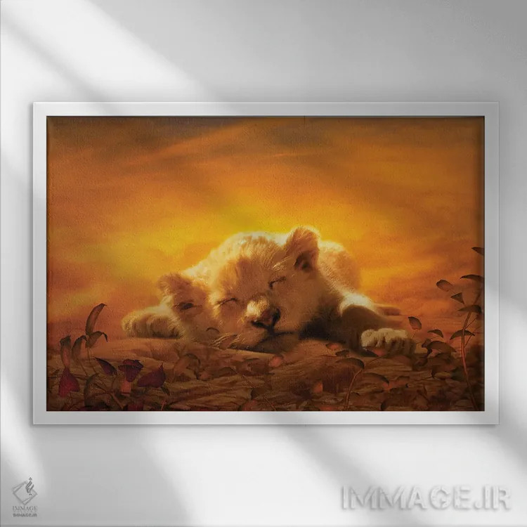 تابلو توله شیر در حال خواب اثر کلودیا مککینی - نمای قابدار سفید