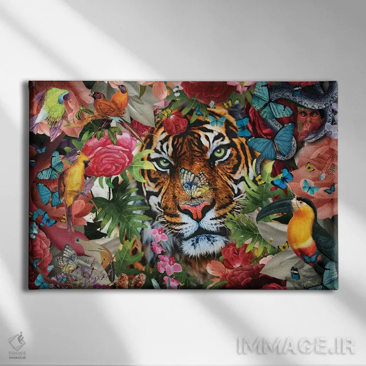 تابلو گلهای استوایی و ببر اثر کلودیا مککینی - نمای روبهرو روی دیوار