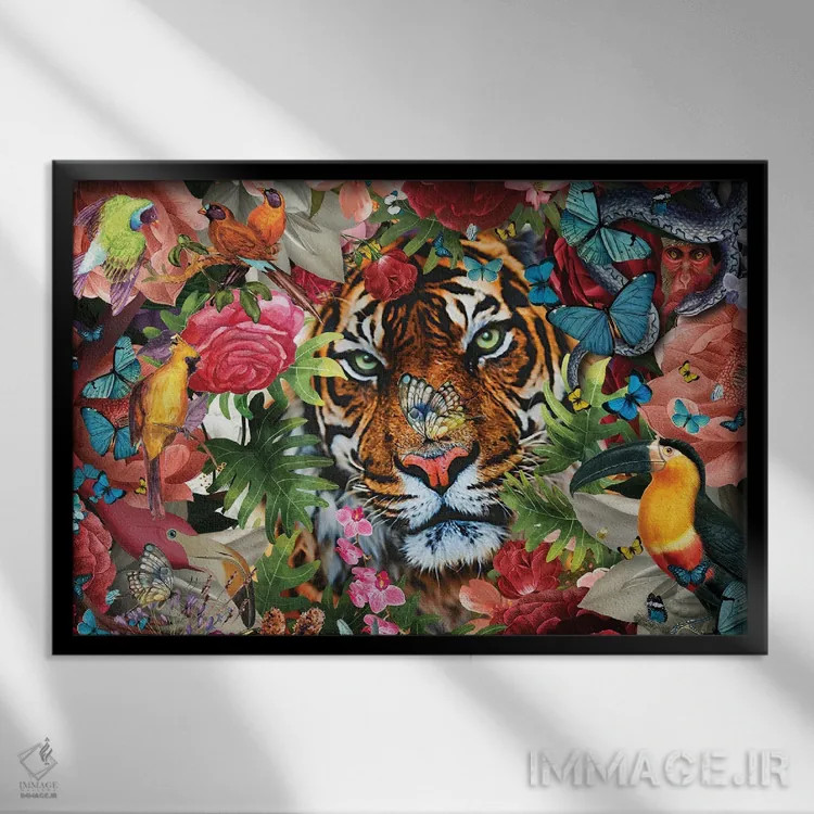 تابلو گلهای استوایی و ببر اثر کلودیا مککینی - نمای قابدار مشکی