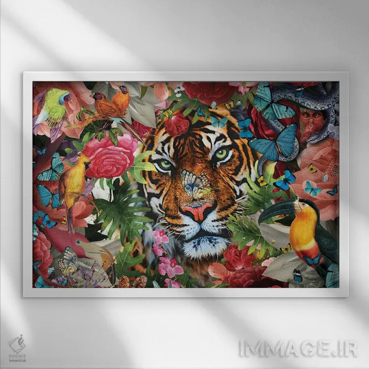 تابلو گلهای استوایی و ببر اثر کلودیا مککینی - نمای قابدار سفید