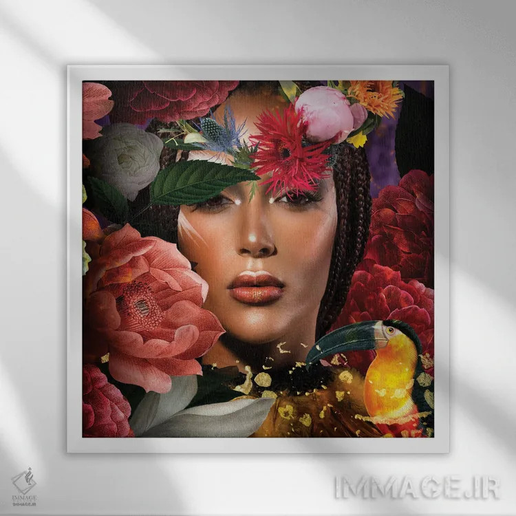 تابلو زن احاطه شده با گلها اثر کلودیا مککینی - نمای قابدار سفید