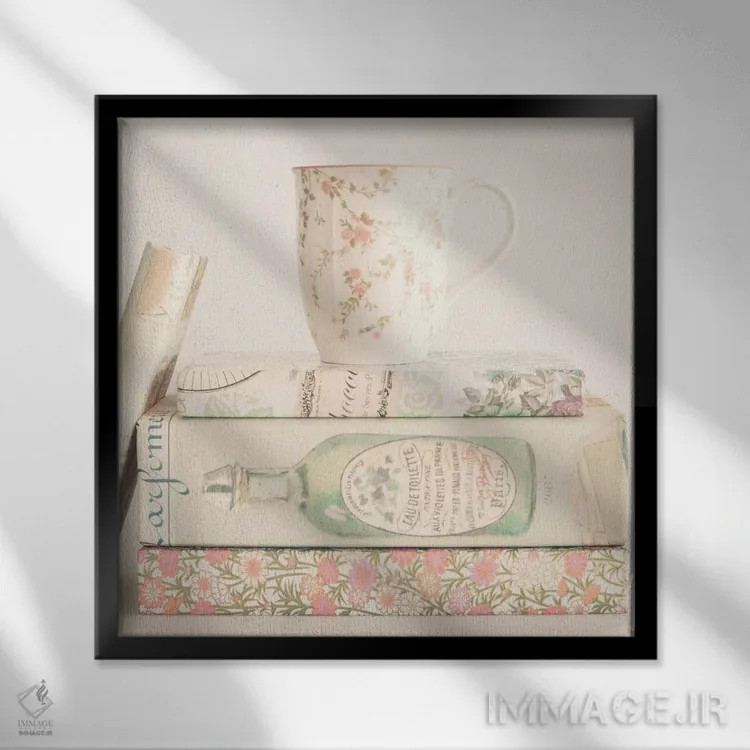 تابلو کتابهای پاستلی و چای اثر کارولین مینت - نمای قابدار مشکی