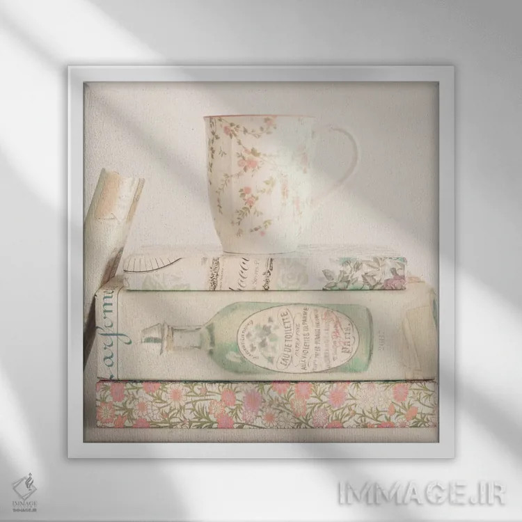 تابلو کتابهای پاستلی و چای اثر کارولین مینت - نمای قابدار سفید