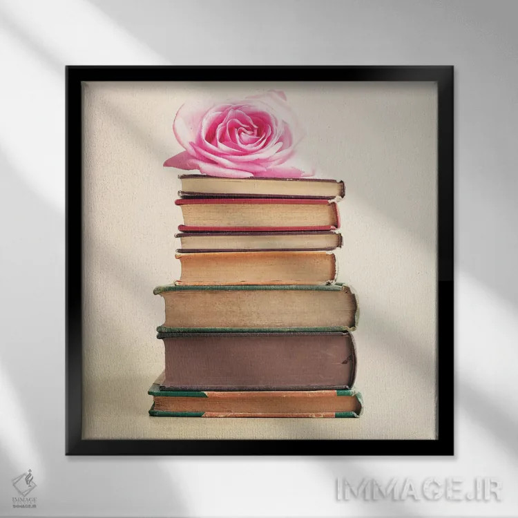 تابلو گل رز و کتابها اثر کارولین مینت - نمای قابدار مشکی