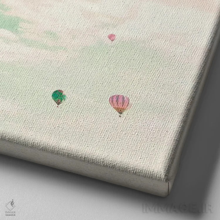 تابلو بالونهای هوای گرم بر فراز آسمان نعناعی اثر کارولین مینت - نمای نزدیک بافت بوم